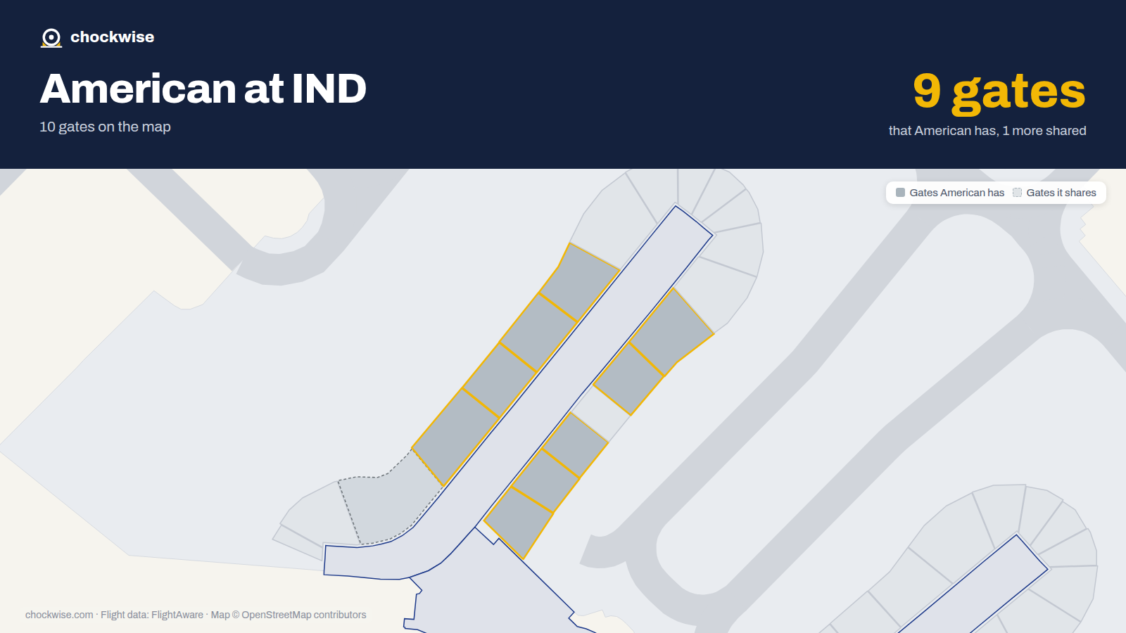 Map of IND with the gates American Airlines uses highlighted: B6, B7, B8, B9, B10, B13, B14, B15 and 1 more.