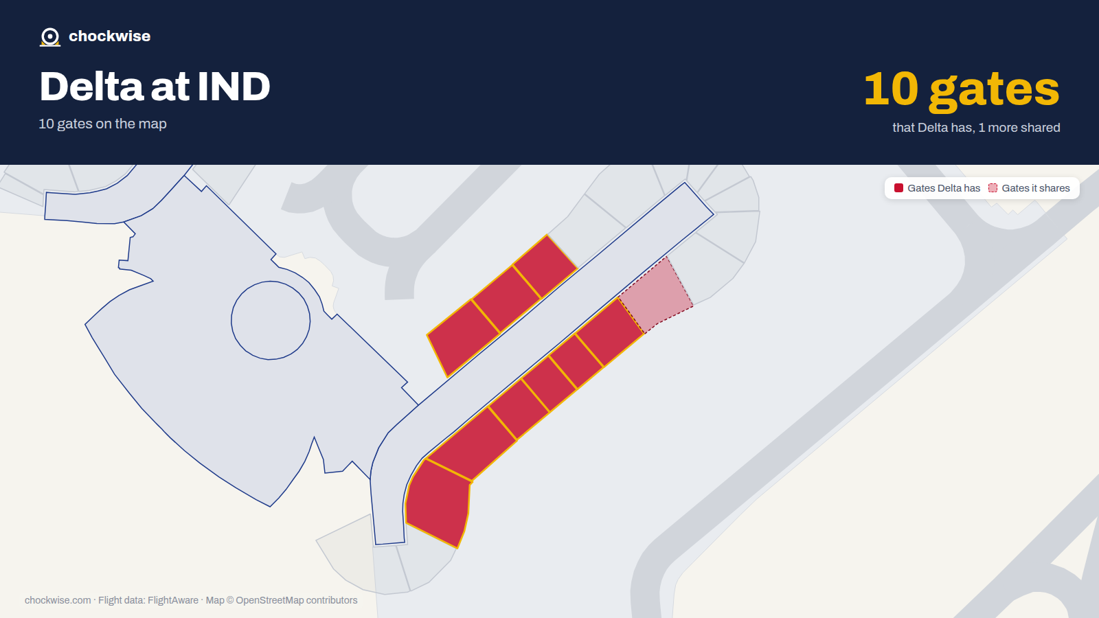 Map of IND with the gates Delta Air Lines uses highlighted: A5, A6, A7, A8, A10, A11, A12, A13 and 1 more.