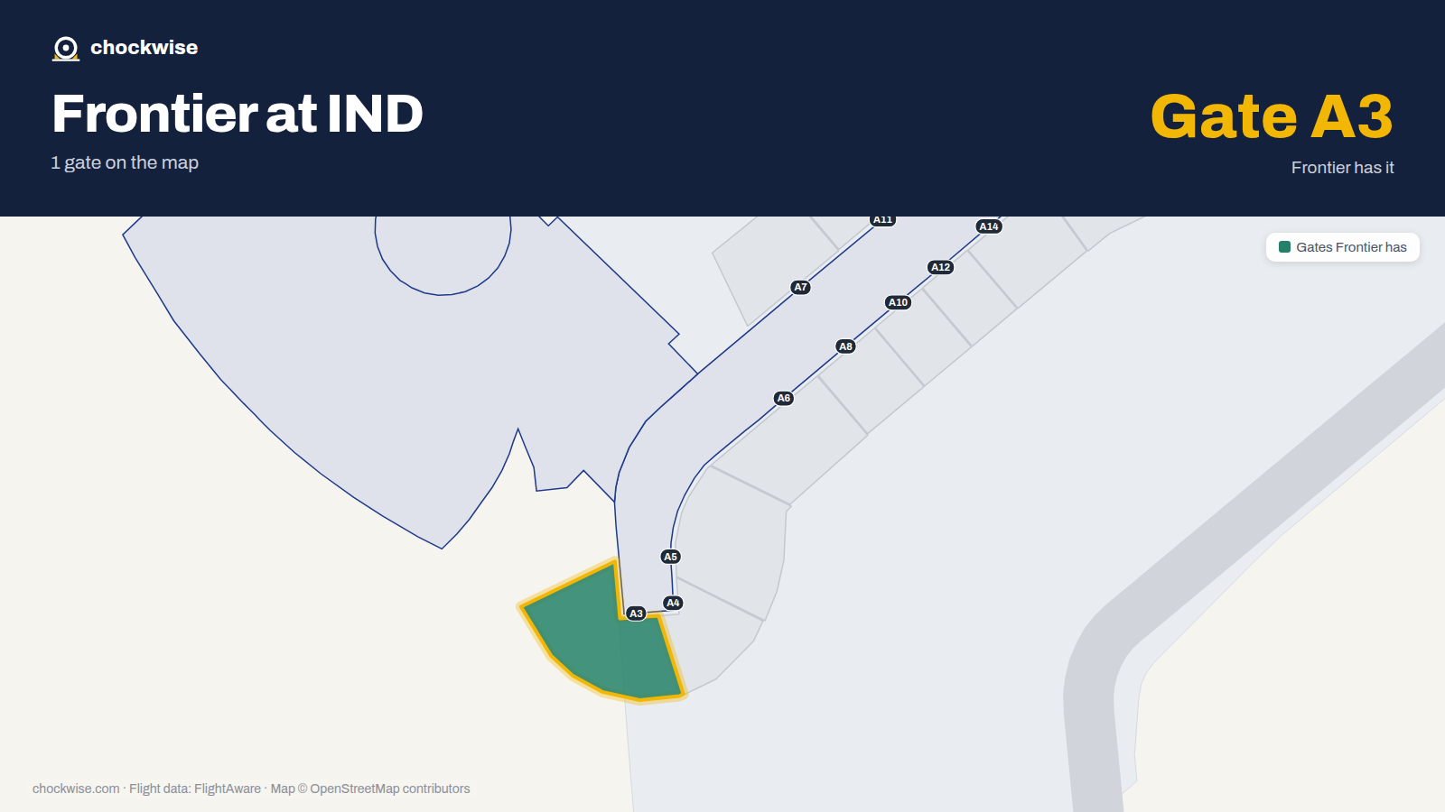Map of IND with the gates Frontier Airlines uses highlighted: A3.