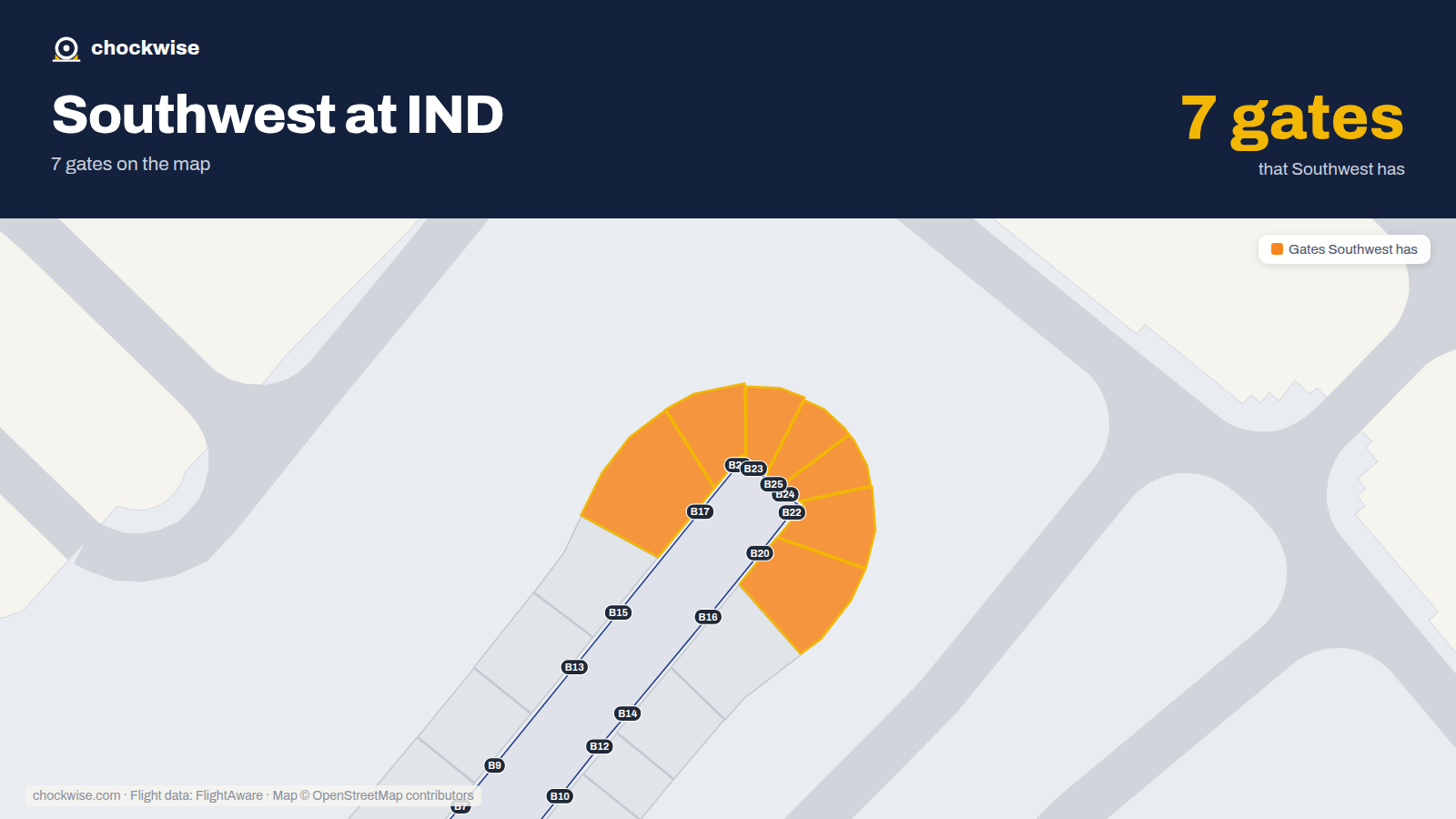 Map of IND with the gates Southwest Airlines uses highlighted: B17, B20, B21, B22, B23, B24 and B25.