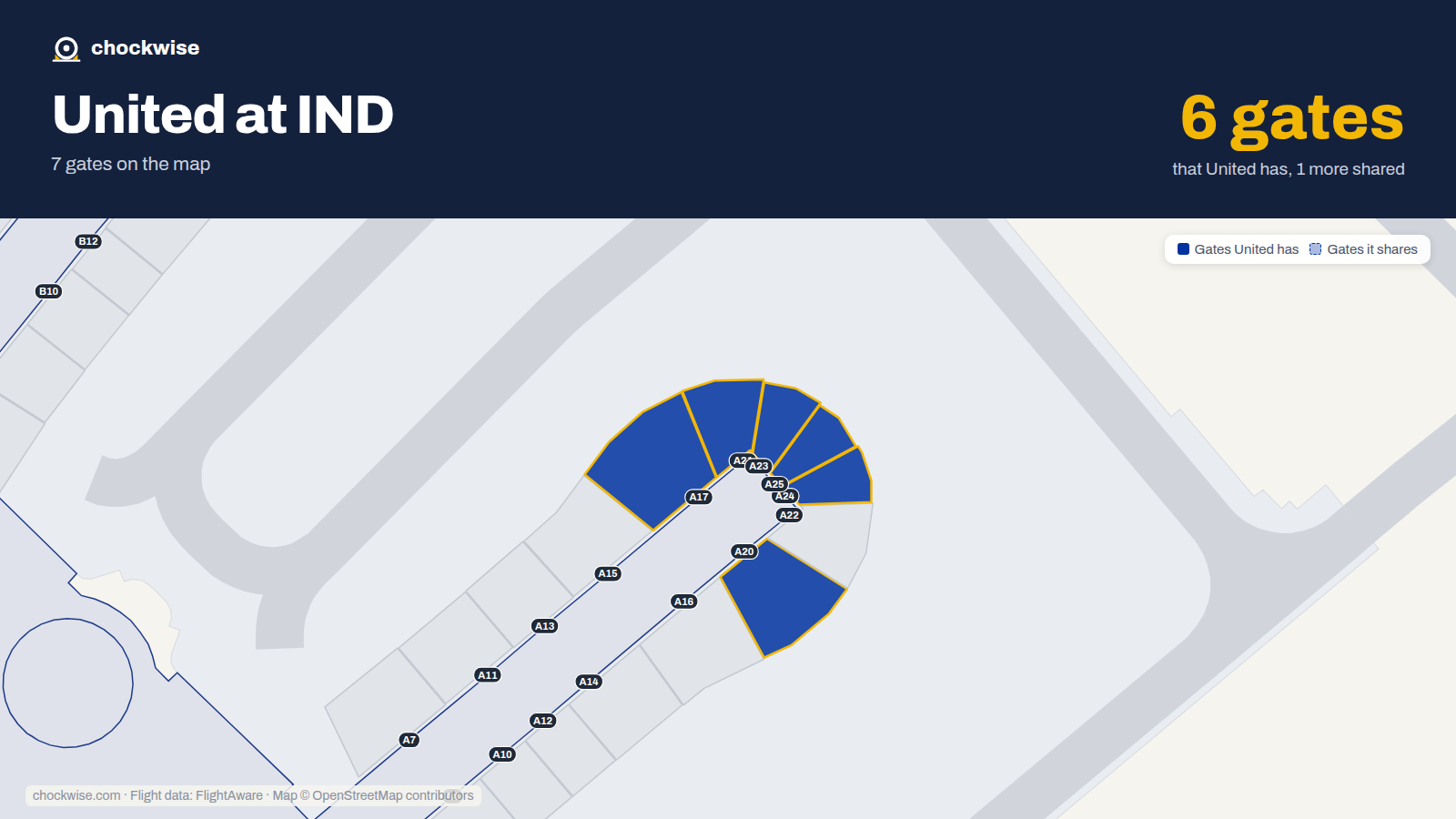 Map of IND with the gates United Airlines uses highlighted: A17, A20, A21, A23, A24 and A25.