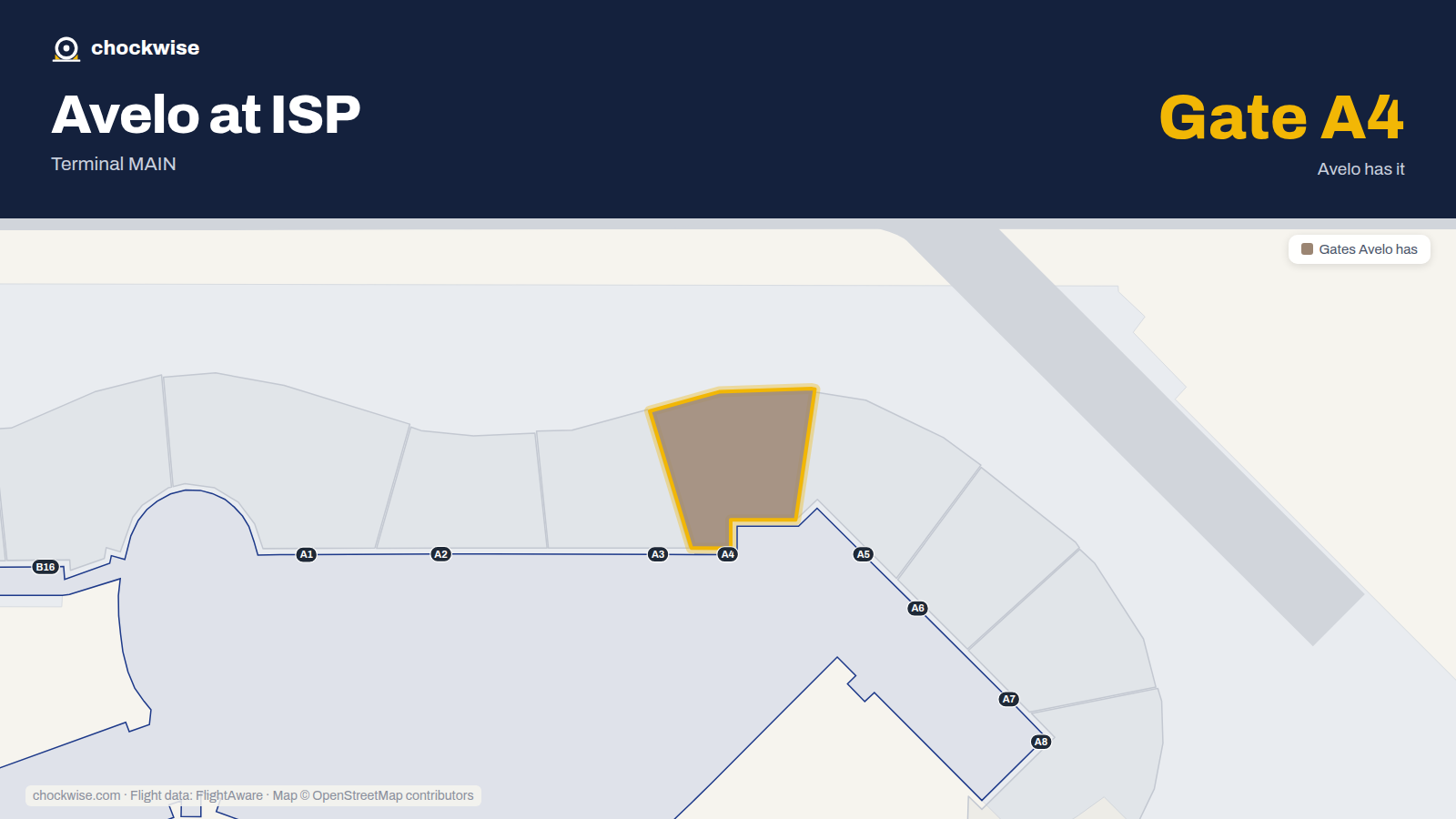 Map of ISP with the gates Avelo Airlines uses highlighted: A4.
