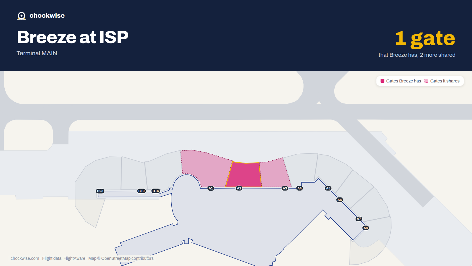 Map of ISP with the gates Breeze Airways uses highlighted: A2.