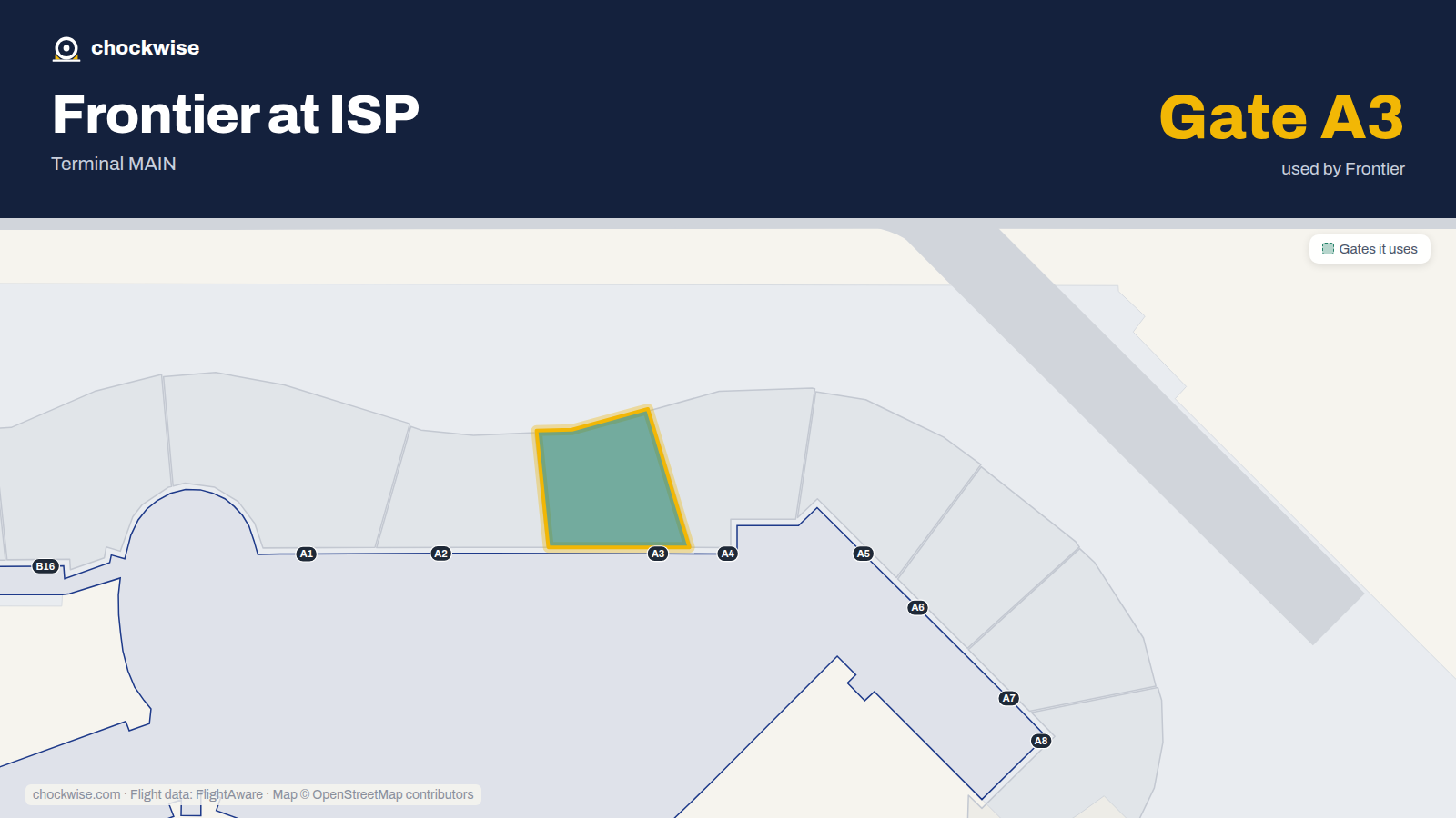 Map of ISP with the gates Frontier Airlines uses highlighted: A3.