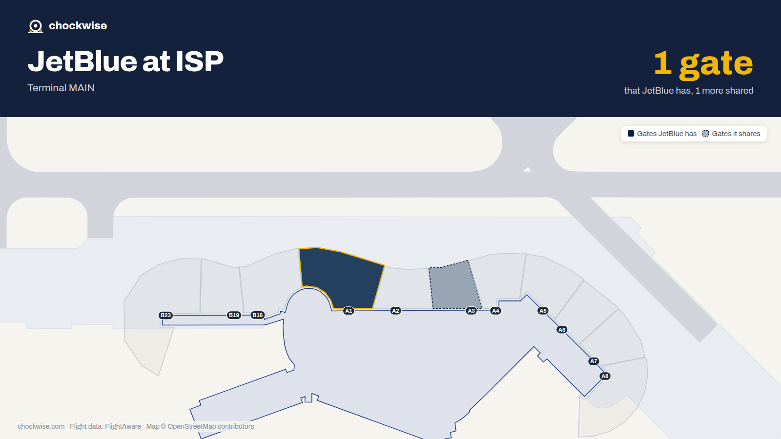 Map of ISP with the gates JetBlue uses highlighted: A1.