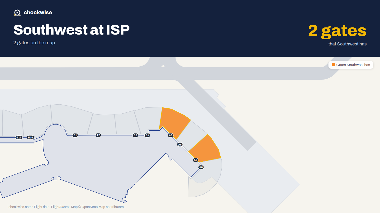 Map of ISP with the gates Southwest Airlines uses highlighted: A5 and A7.