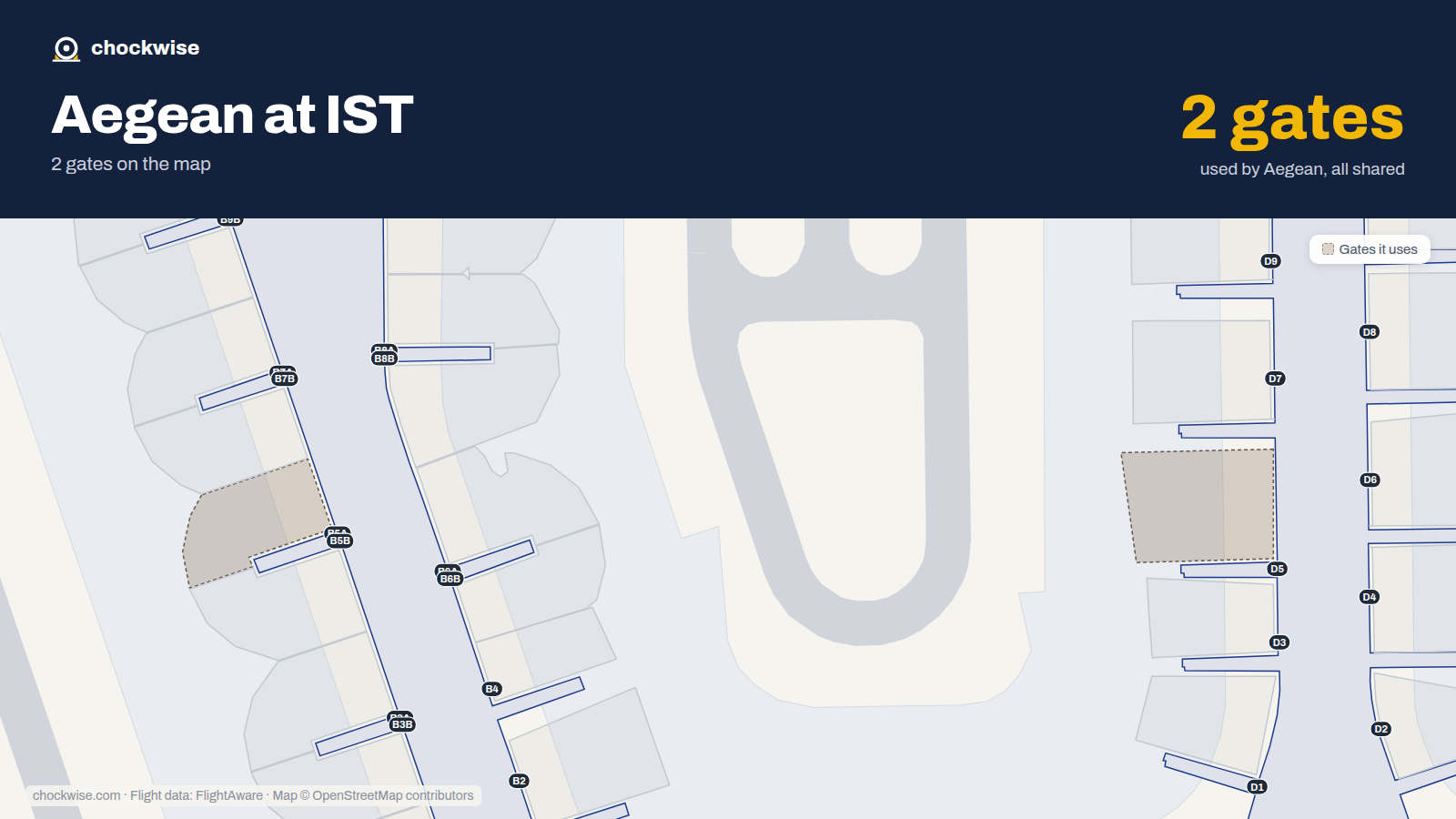 Map of IST with the gates Aegean Airlines uses highlighted: B5A and D5.