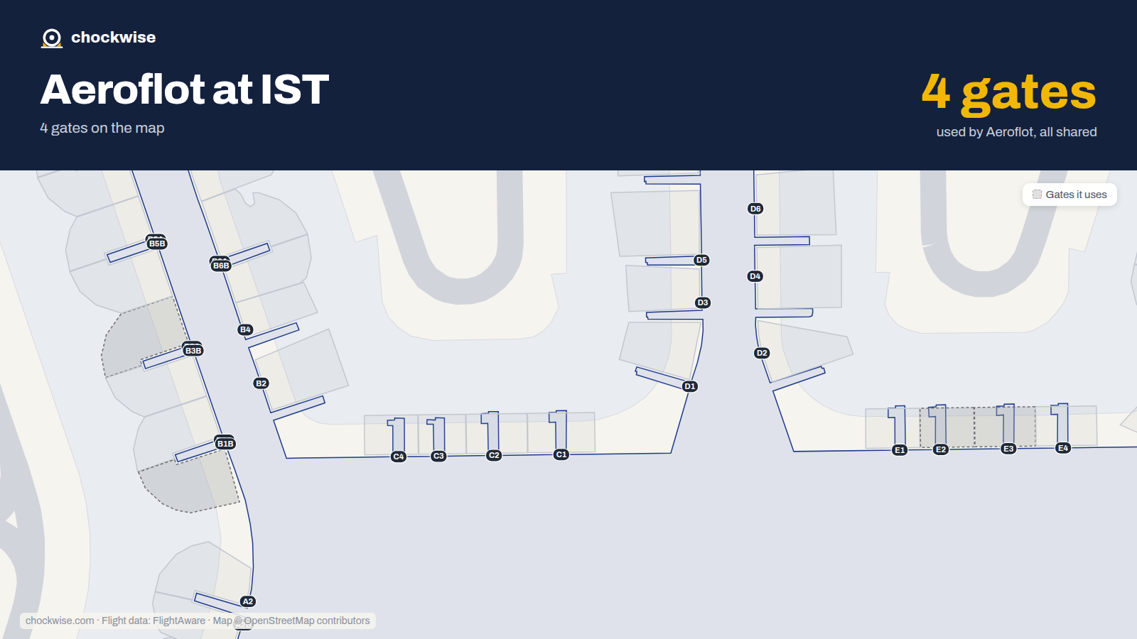 Map of IST with the gates Aeroflot uses highlighted: B1B, E2, B3A and E3.