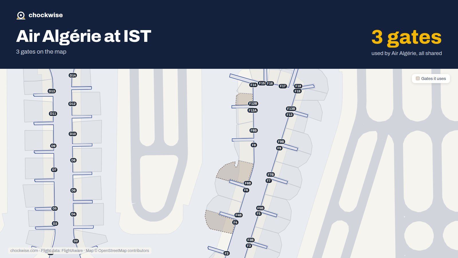 Map of IST with the gates Air Algérie uses highlighted: F4, F6B and F12B.