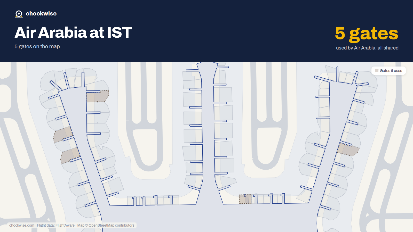 Map of IST with the gates Air Arabia uses highlighted: E1, B5A, B7A, F7 and B18B.