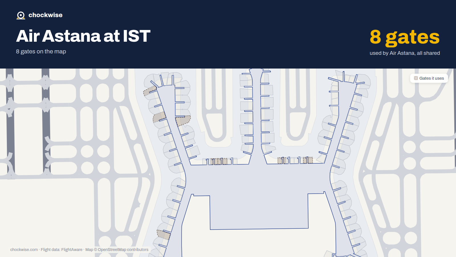 Map of IST with the gates Air Astana uses highlighted: E1, C2, C3, E4, A6B, B7A, B8B and B12A.