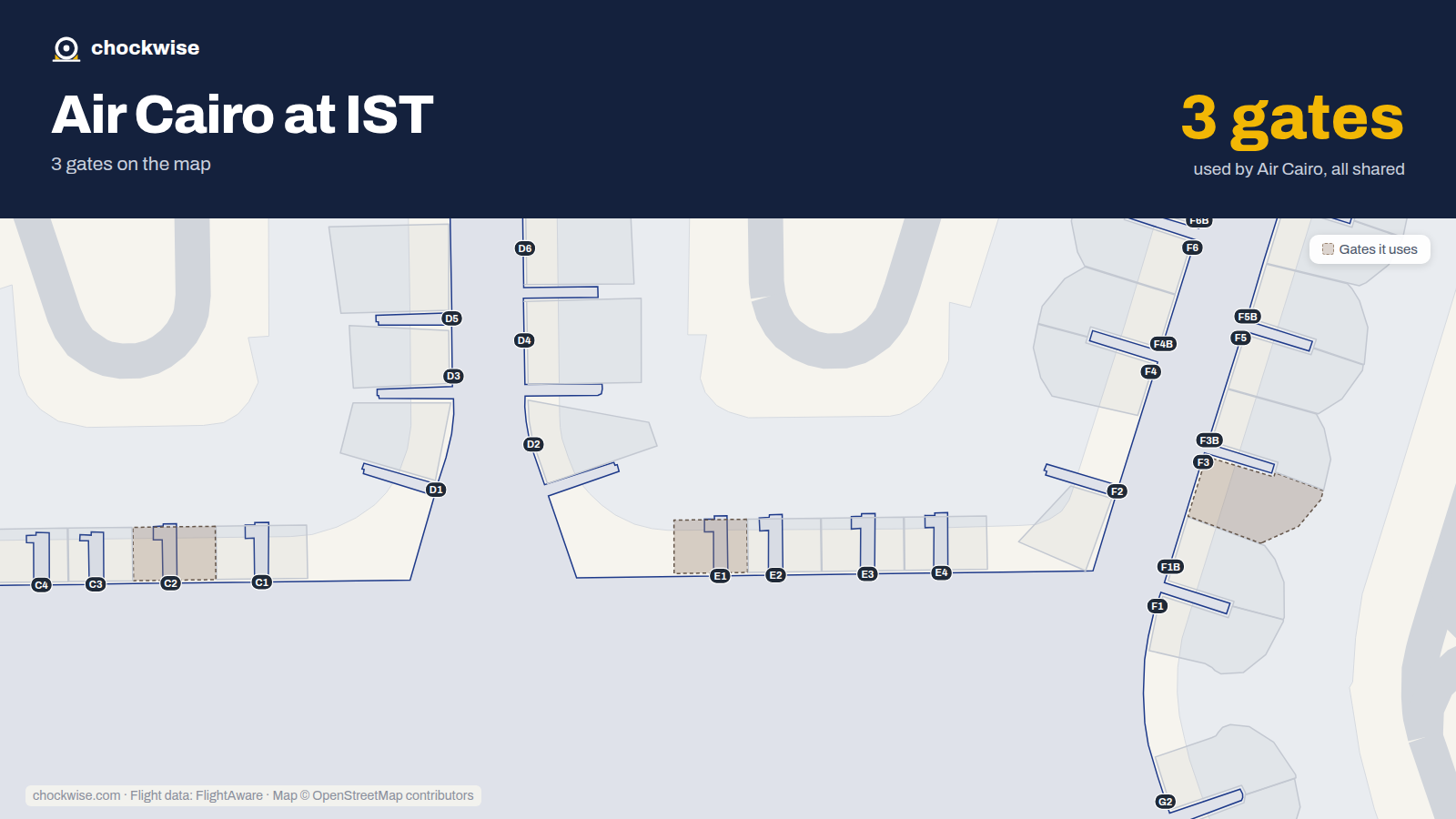 Map of IST with the gates Air Cairo uses highlighted: E1, C2 and F3.