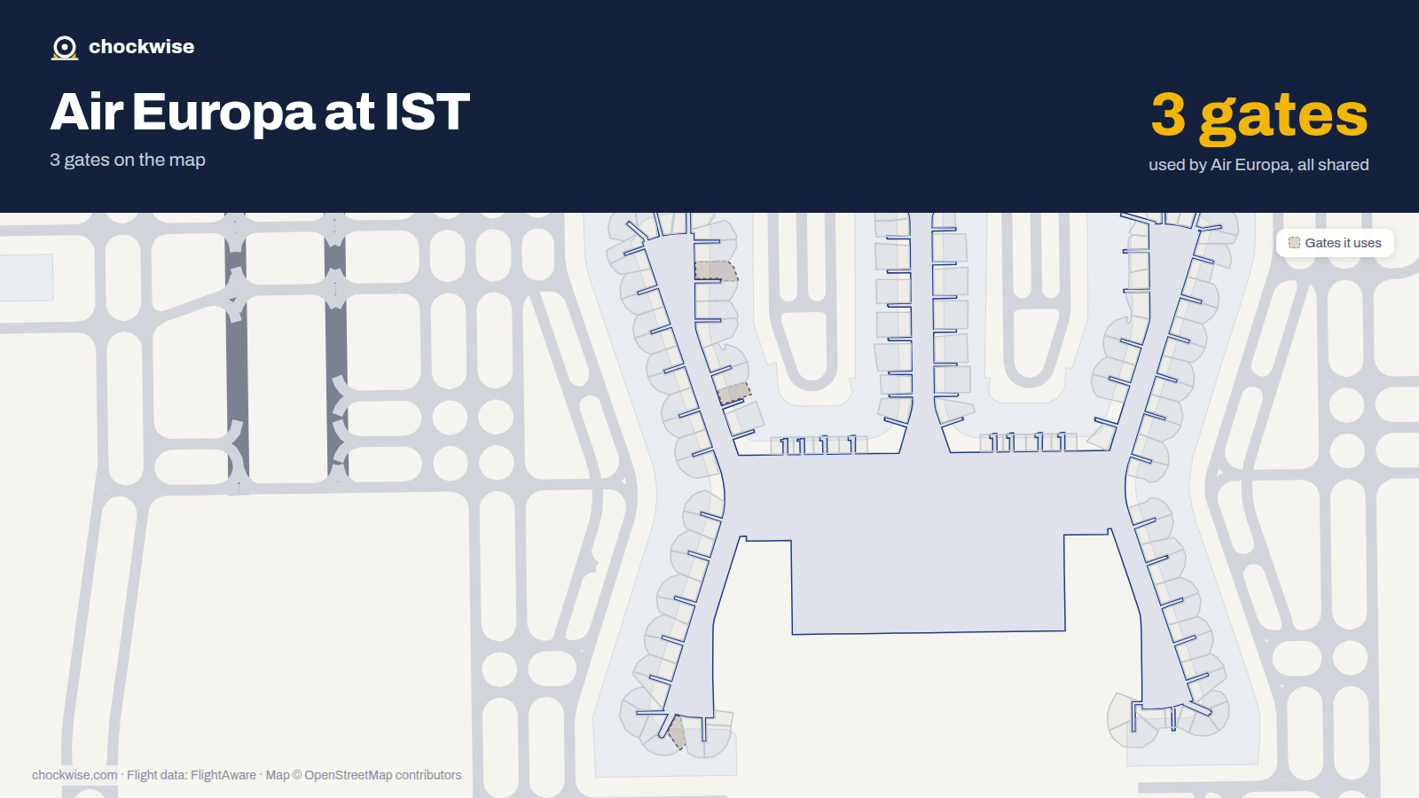 Map of IST with the gates Air Europa uses highlighted: B4, A10 and B10A.