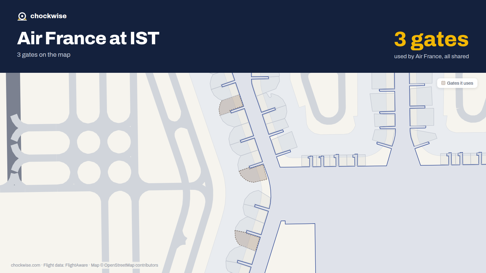 Map of IST with the gates Air France uses highlighted: B1B, A3B and B5A.