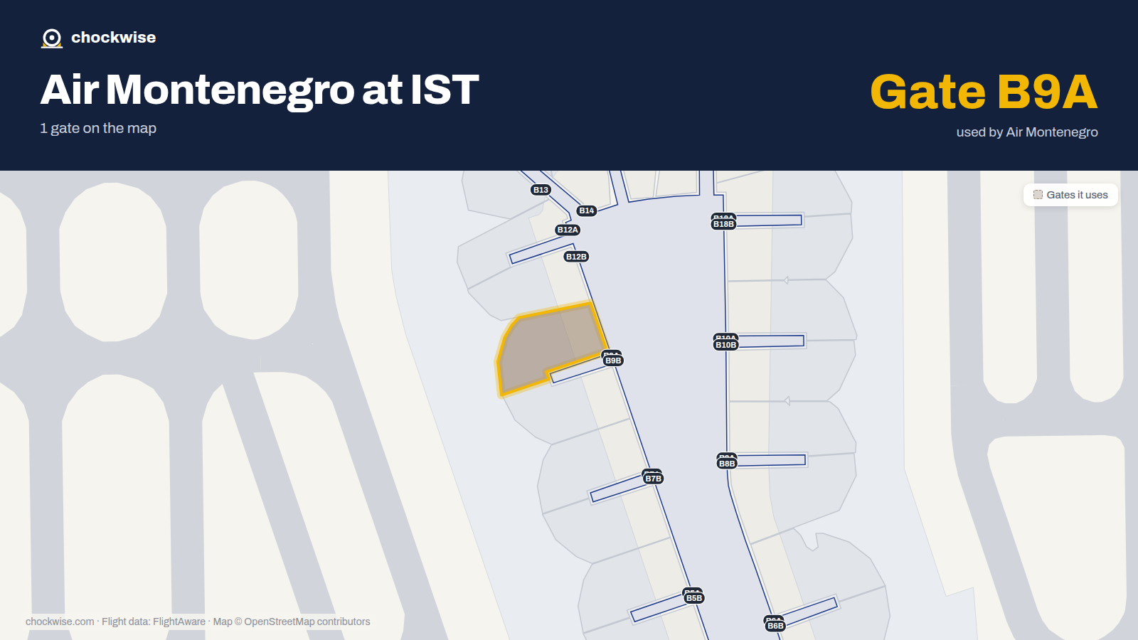 Map of IST with the gates Air Montenegro uses highlighted: B9A.