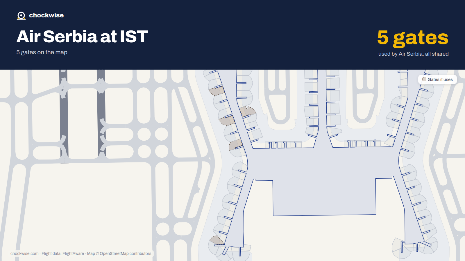 Map of IST with the gates Air Serbia uses highlighted: B1A, B5B, B6A, A8 and B9B.