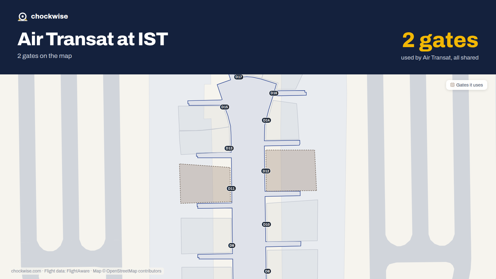 Map of IST with the gates Air Transat uses highlighted: D11 and D12.