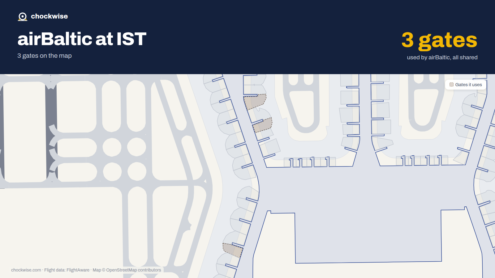 Map of IST with the gates airBaltic uses highlighted: A5B, B6B and B8B.