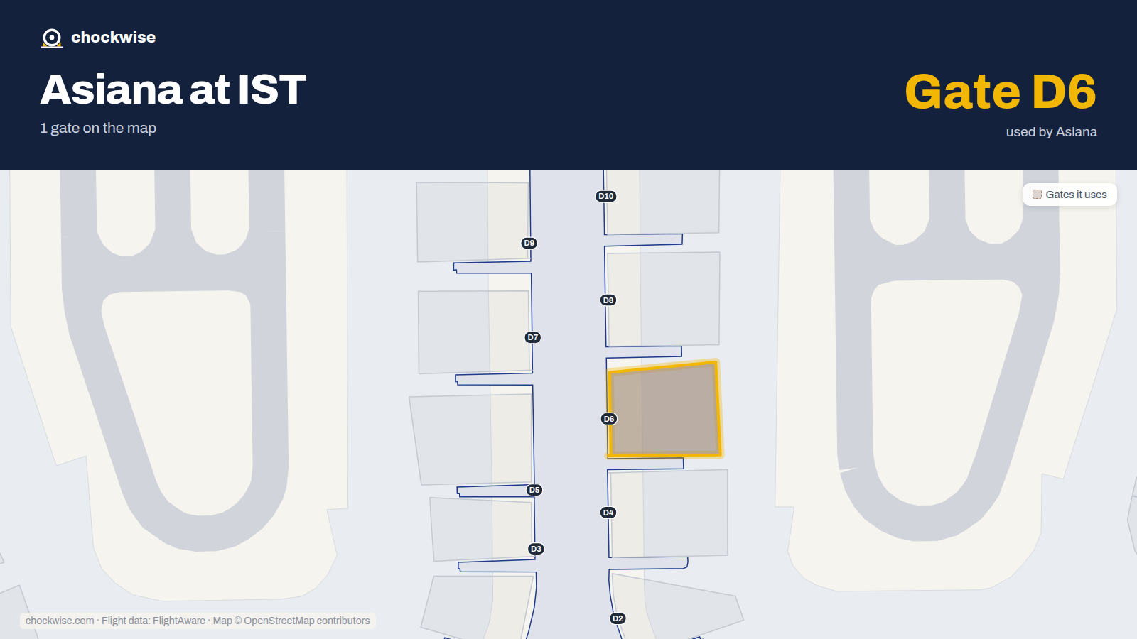 Map of IST with the gates Asiana Airlines uses highlighted: D6.