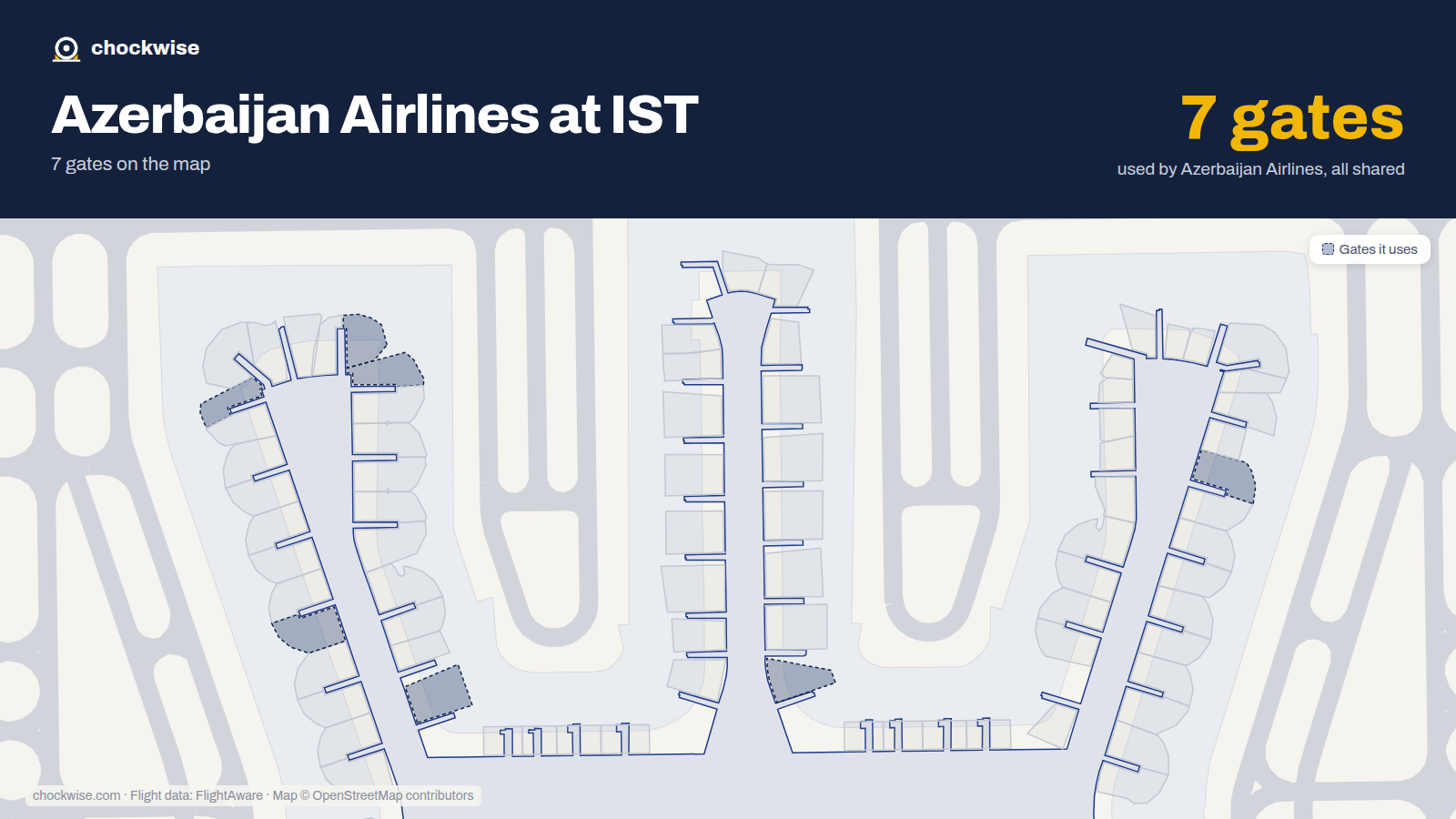 Map of IST with the gates Azerbaijan Airlines uses highlighted: B2, D2, B5B, F9B, B12A, B17 and B18A.