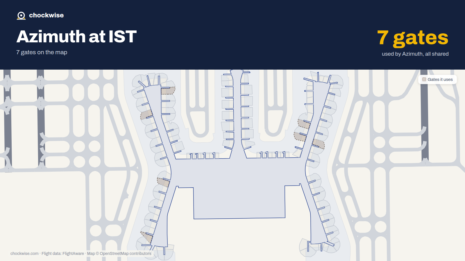 Map of IST with the gates Azimuth Airlines uses highlighted: A2B, F3B, F4, F6, A7B, B7A and B18B.