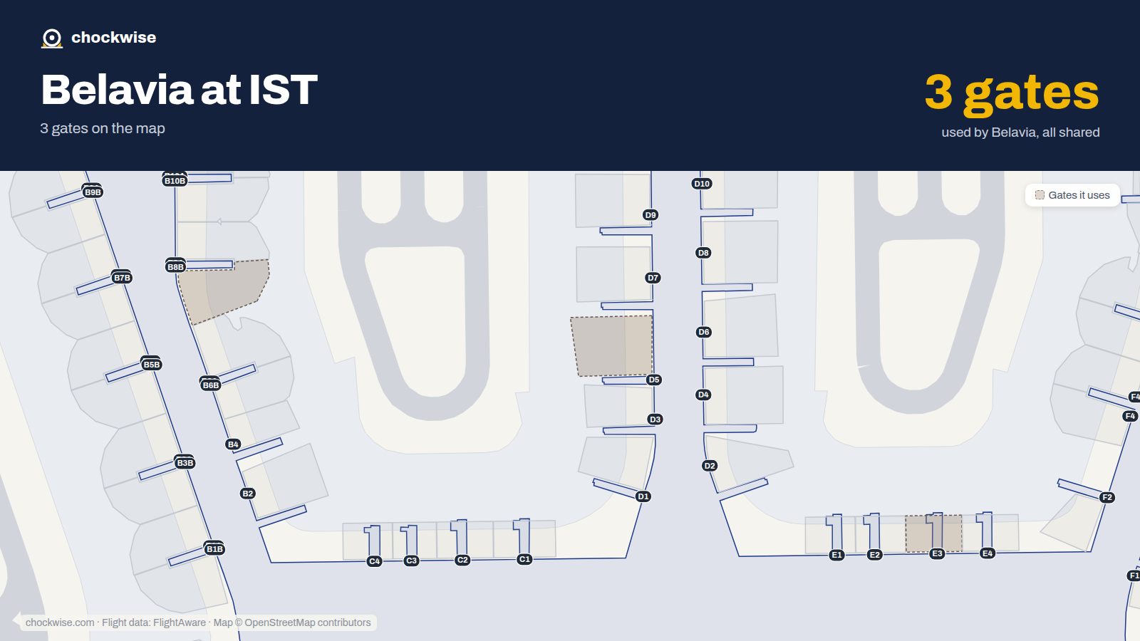 Map of IST with the gates Belavia uses highlighted: E3, D5 and B8B.