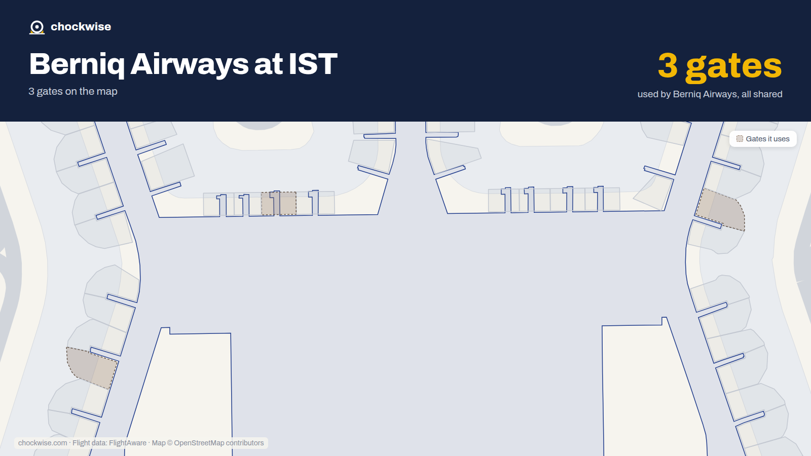 Map of IST with the gates Berniq Airways uses highlighted: F1B, C2 and A3B.