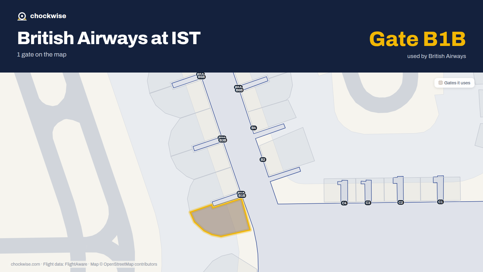 Map of IST with the gates British Airways uses highlighted: B1B.
