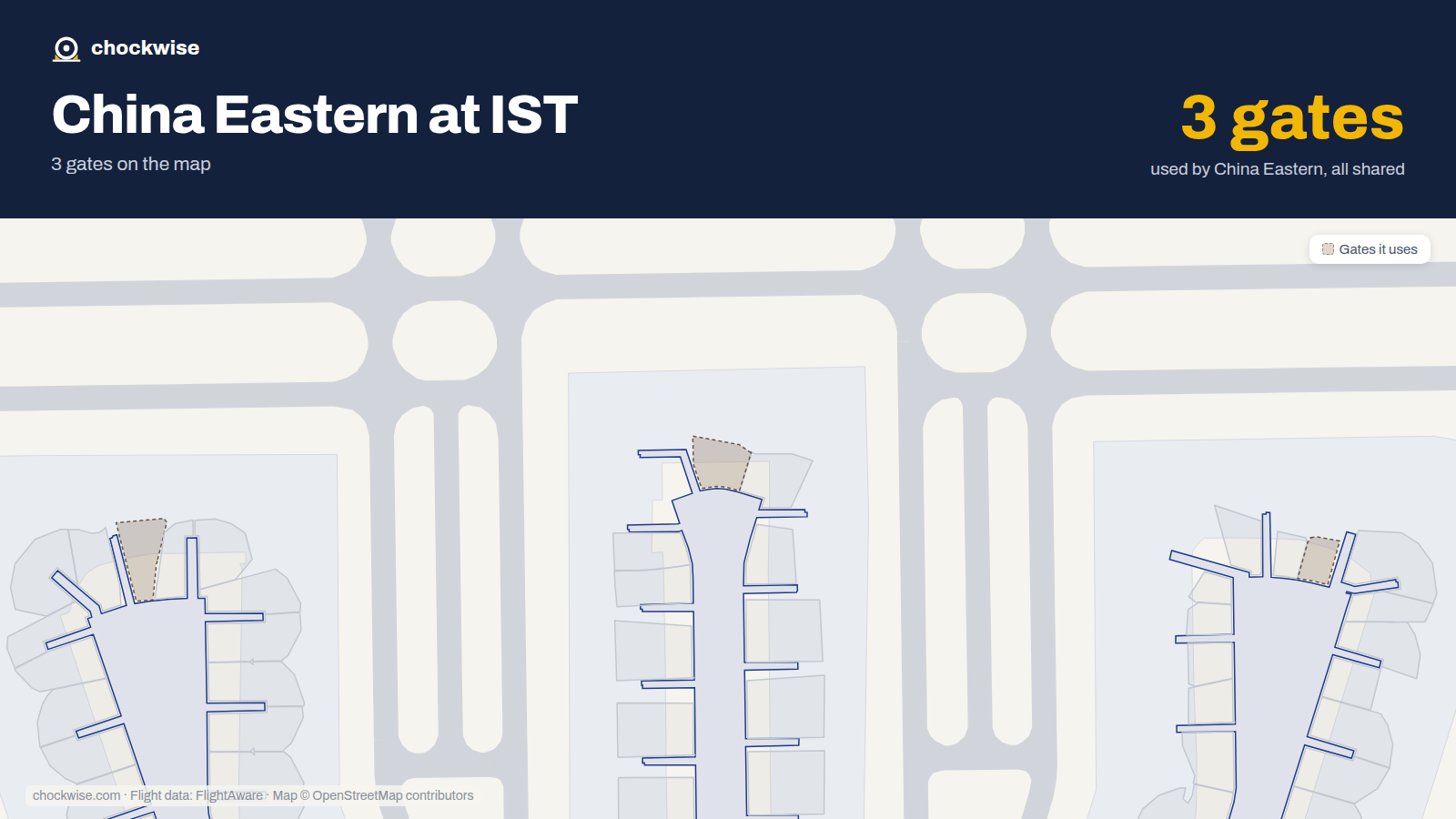 Map of IST with the gates China Eastern uses highlighted: B15, D17 and F17.