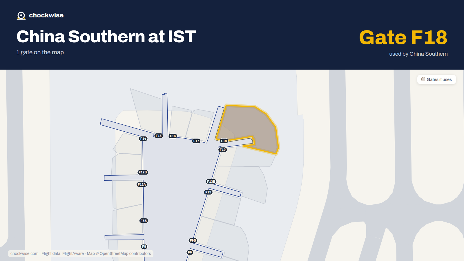 Map of IST with the gates China Southern uses highlighted: F18.