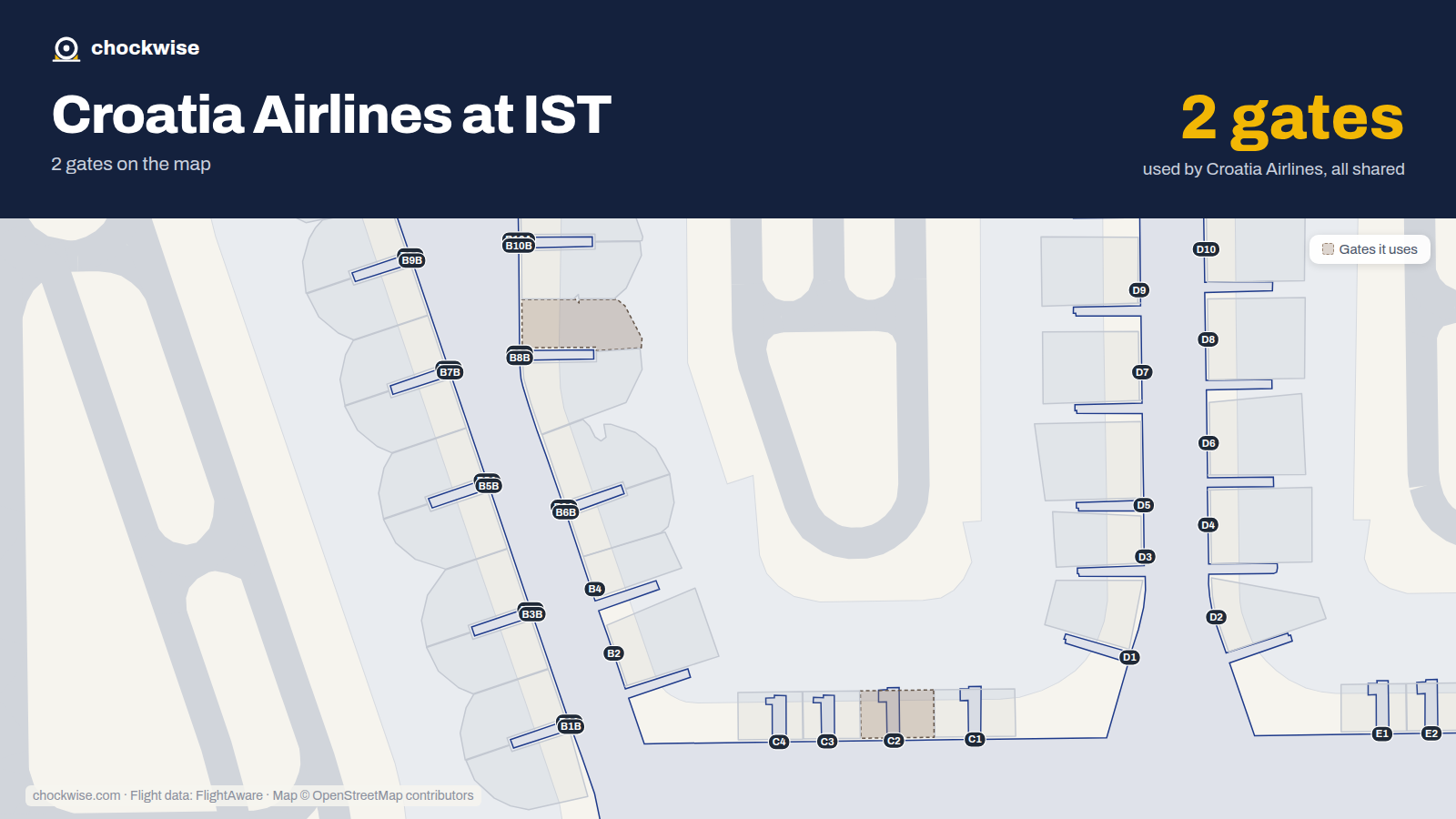 Map of IST with the gates Croatia Airlines uses highlighted: C2 and B8A.