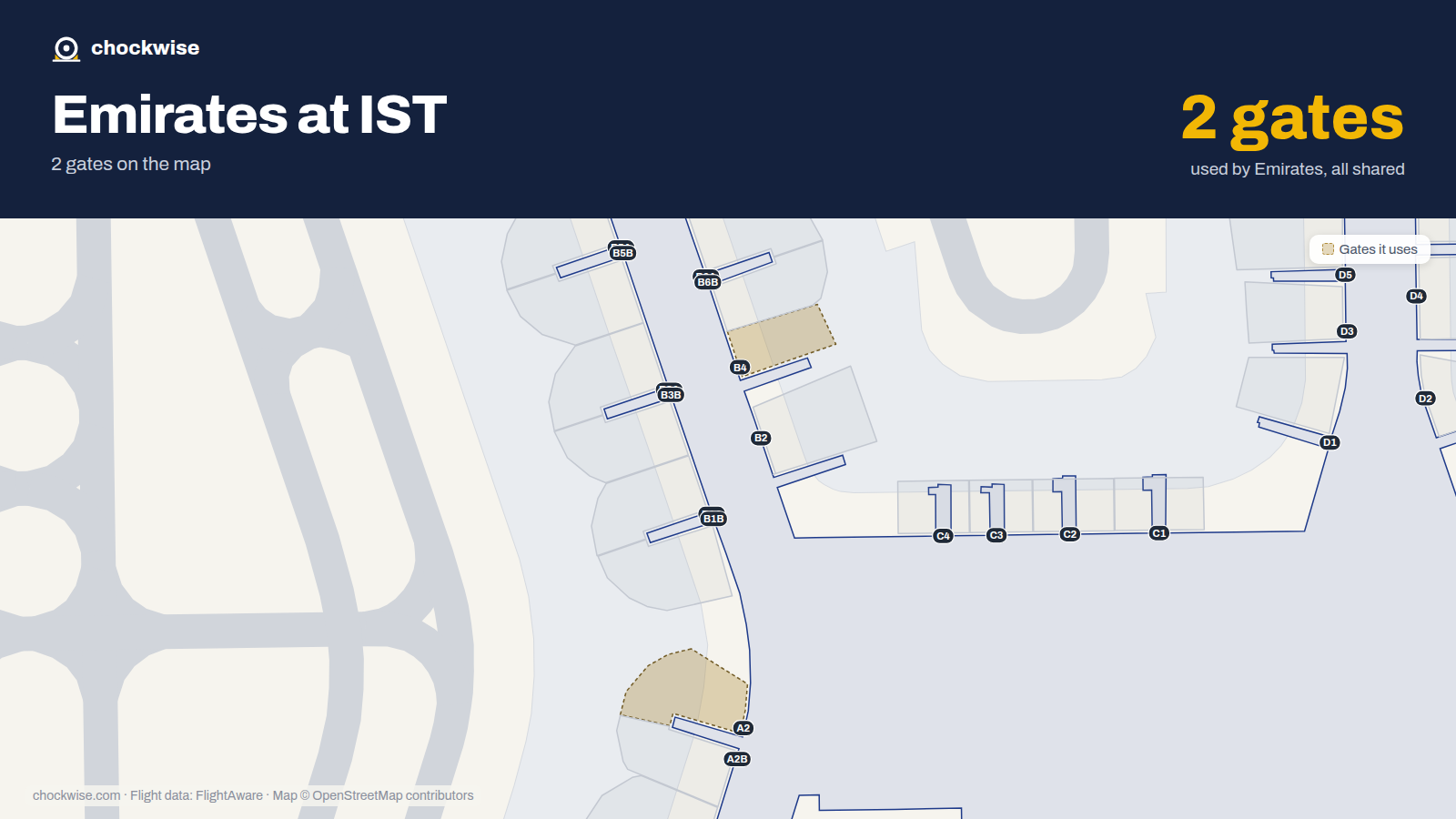 Map of IST with the gates Emirates uses highlighted: A2 and B4.