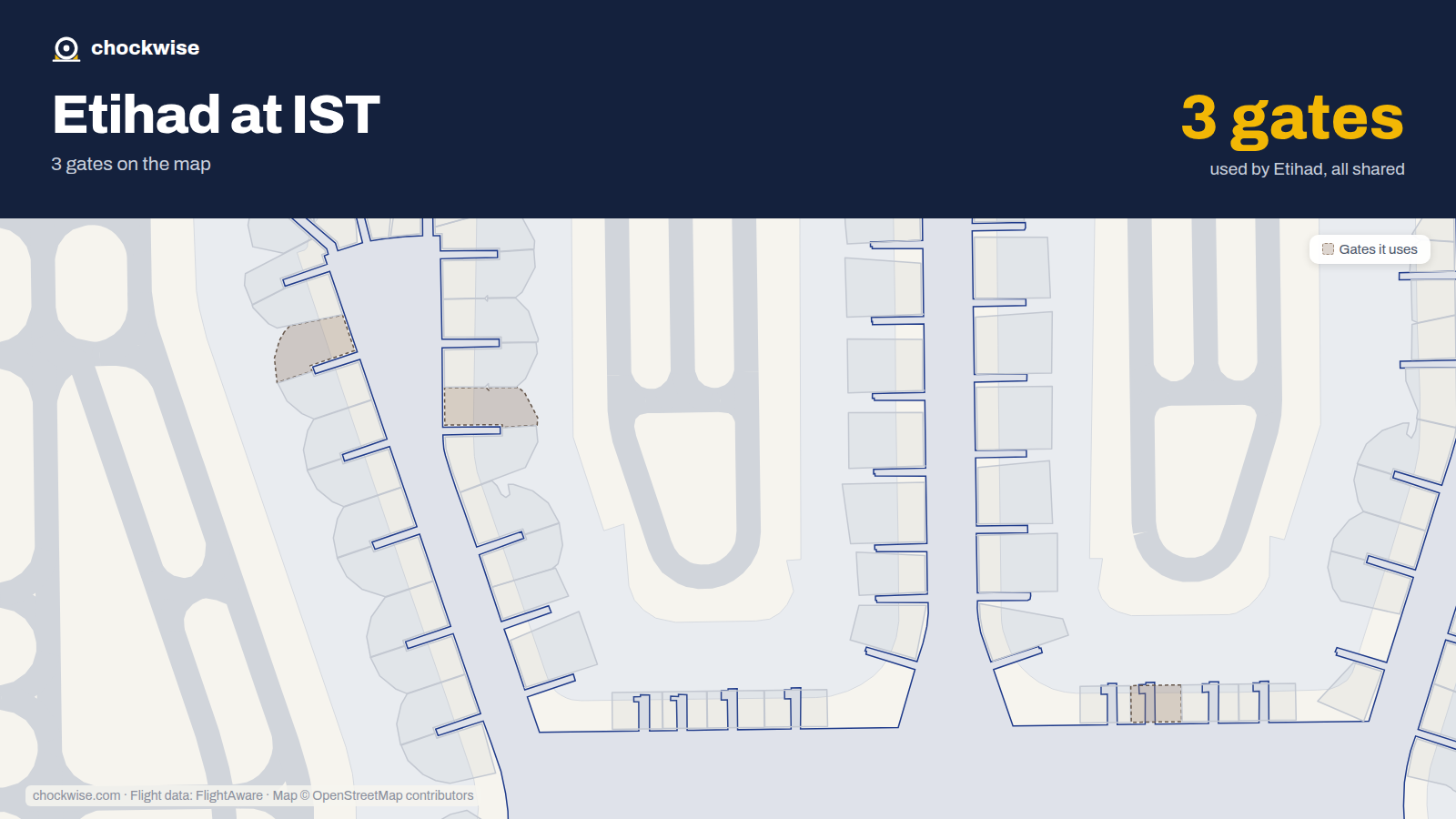 Map of IST with the gates Etihad Airways uses highlighted: E2, B8A and B9A.