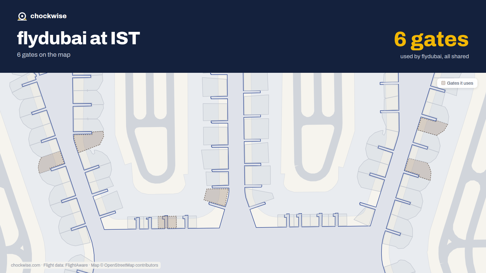 Map of IST with the gates flydubai uses highlighted: D1, C2, B5A, F5B, B8B and F9.