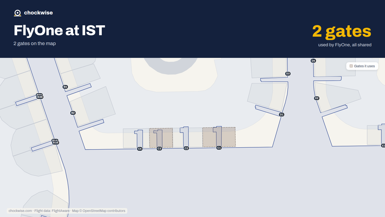 Map of IST with the gates FlyOne uses highlighted: C1 and C3.