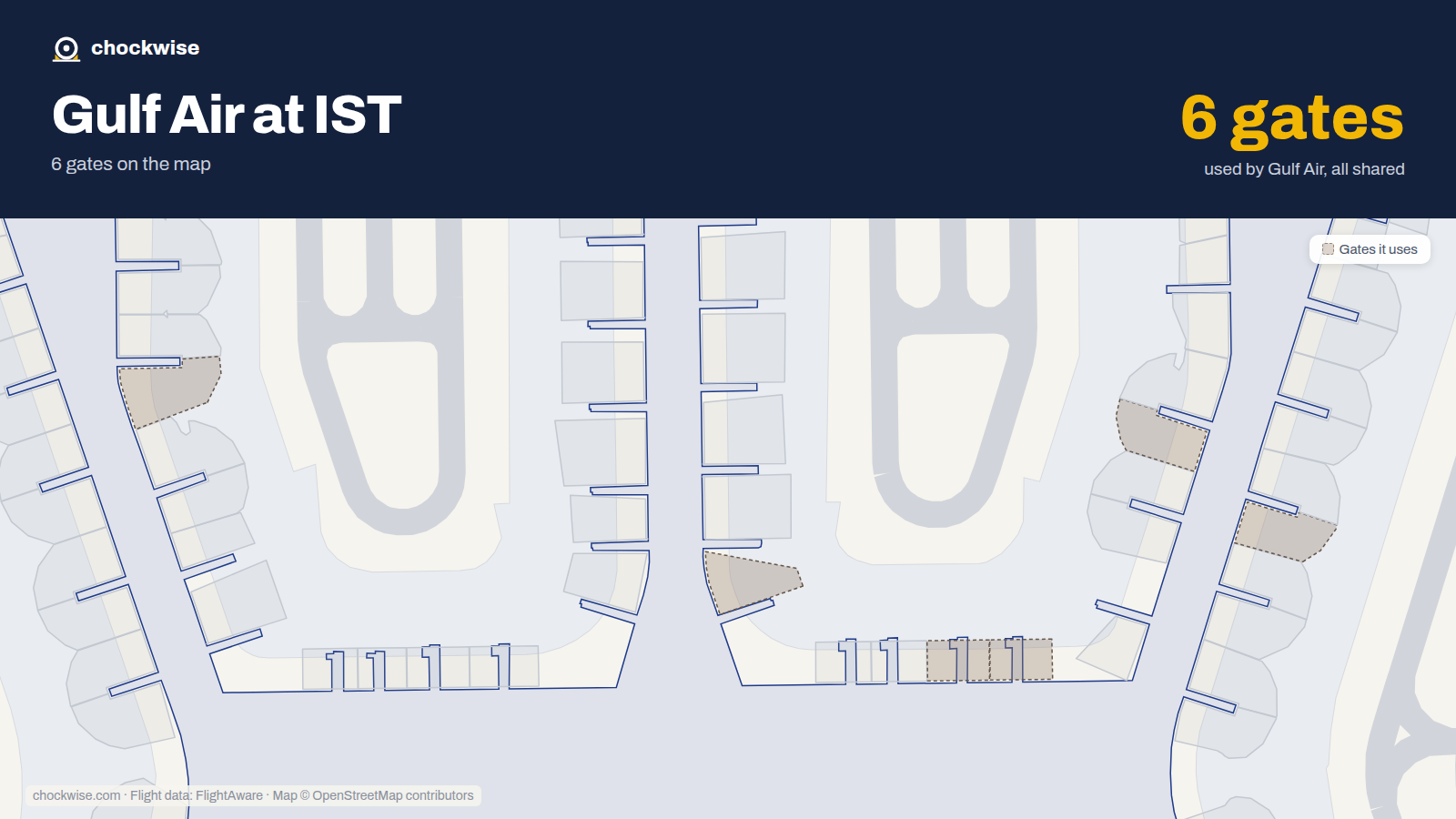 Map of IST with the gates Gulf Air uses highlighted: D2, E3, E4, F5, F6 and B8B.