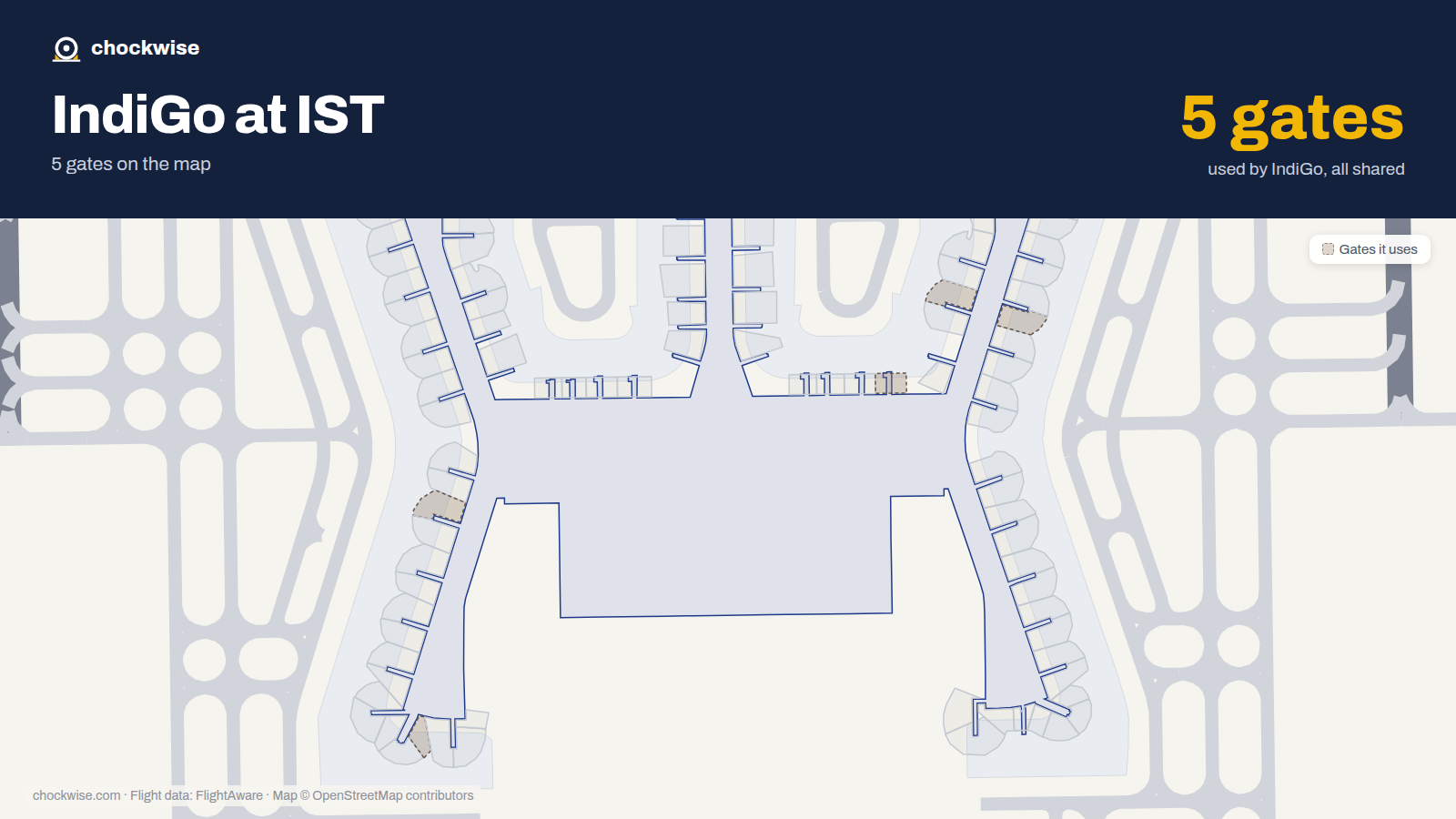 Map of IST with the gates IndiGo uses highlighted: A3, E4, F4B, F5 and A10.