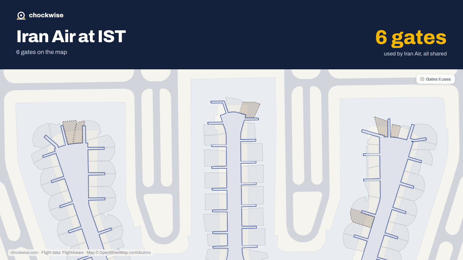 Map of IST with the gates Iran Air uses highlighted: F6, B15, F15, B16, D16 and F16.