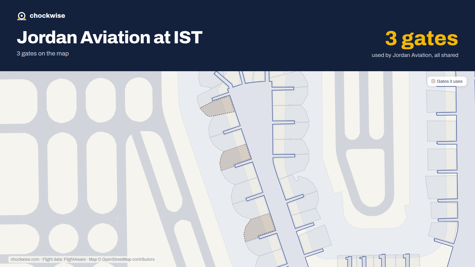 Map of IST with the gates Jordan Aviation uses highlighted: B3A, B7A and B12B.