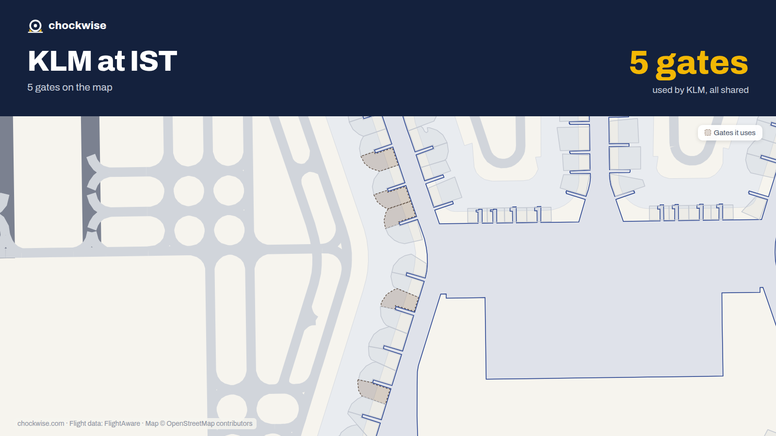 Map of IST with the gates KLM uses highlighted: B1A, A3, B3B, B5B and A6B.