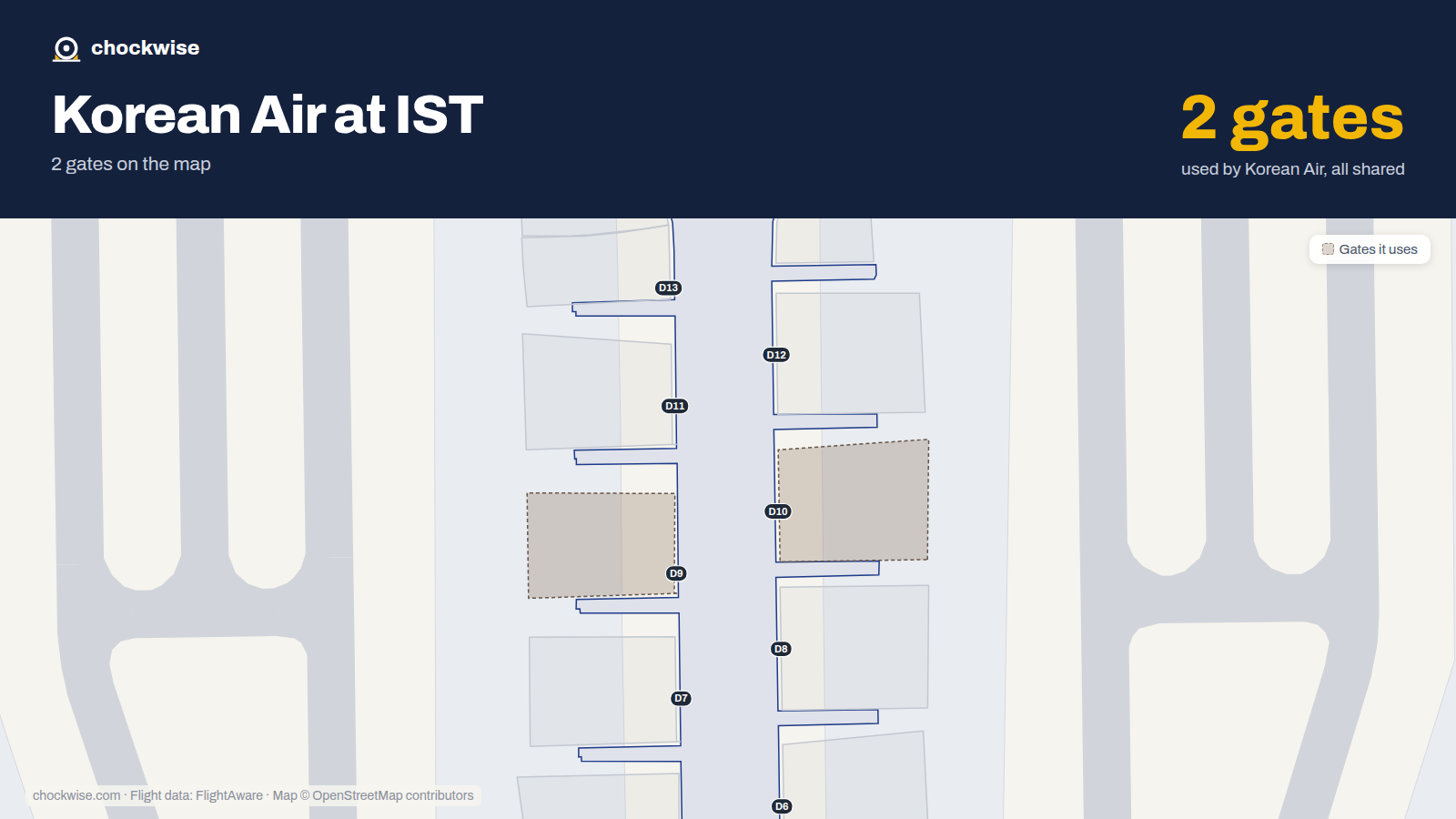 Map of IST with the gates Korean Air uses highlighted: D9 and D10.