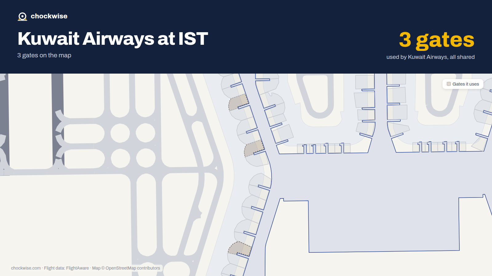 Map of IST with the gates Kuwait Airways uses highlighted: B1A, B5A and A6.
