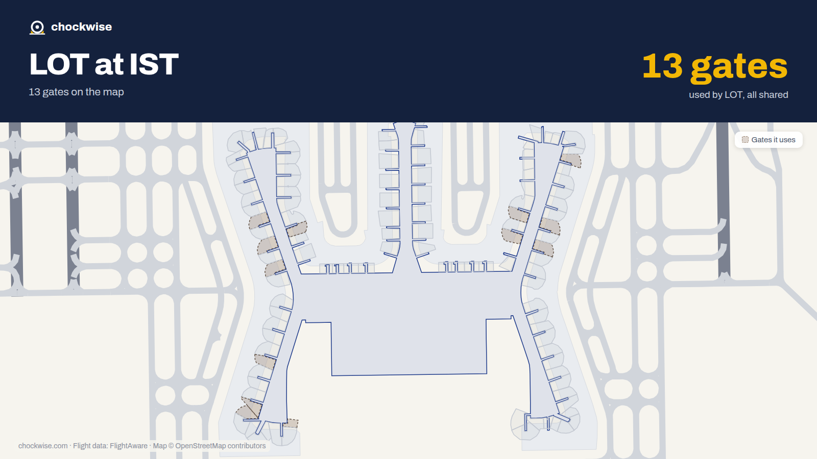 Map of IST with the gates LOT Polish Airlines uses highlighted: B1A, B3A, F3B, F4, A5B, B5A, F5B, B6B and 5 more.