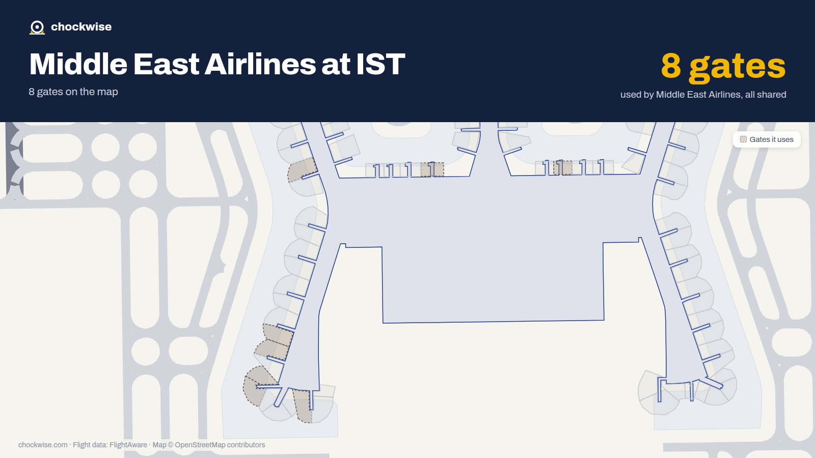 Map of IST with the gates Middle East Airlines uses highlighted: B1A, C1, E2, A6B, A7, A8, A8B and A10B.