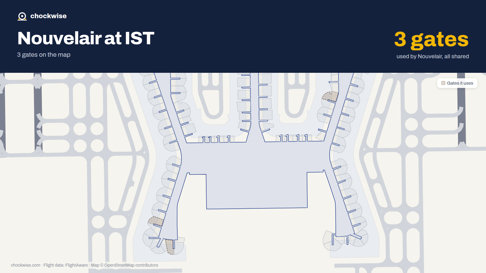 Map of IST with the gates Nouvelair uses highlighted: F6B, A7 and A10B.