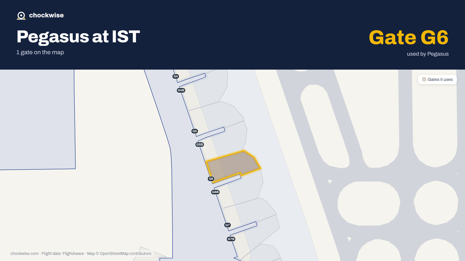 Map of IST with the gates Pegasus Airlines uses highlighted: G6.