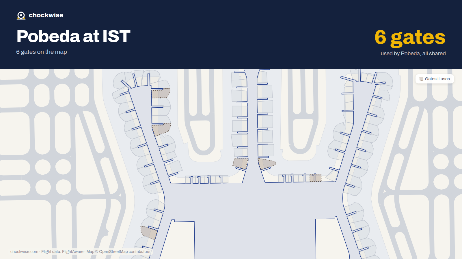 Map of IST with the gates Pobeda uses highlighted: D1, D2, A3B, E4, B8B and B18B.
