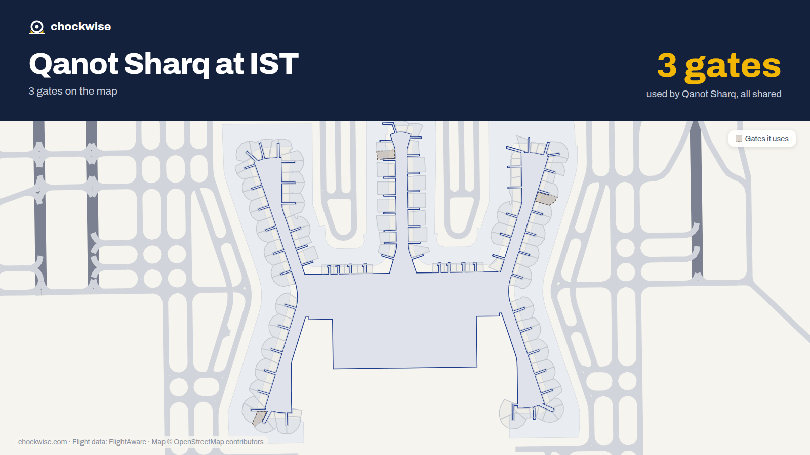Map of IST with the gates Qanot Sharq uses highlighted: A9, F9 and D13.