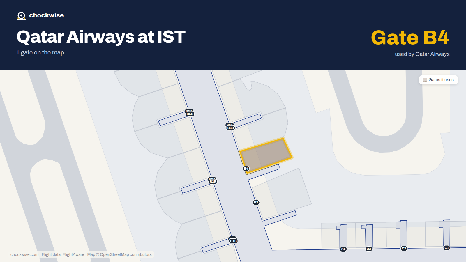 Map of IST with the gates Qatar Airways uses highlighted: B4.