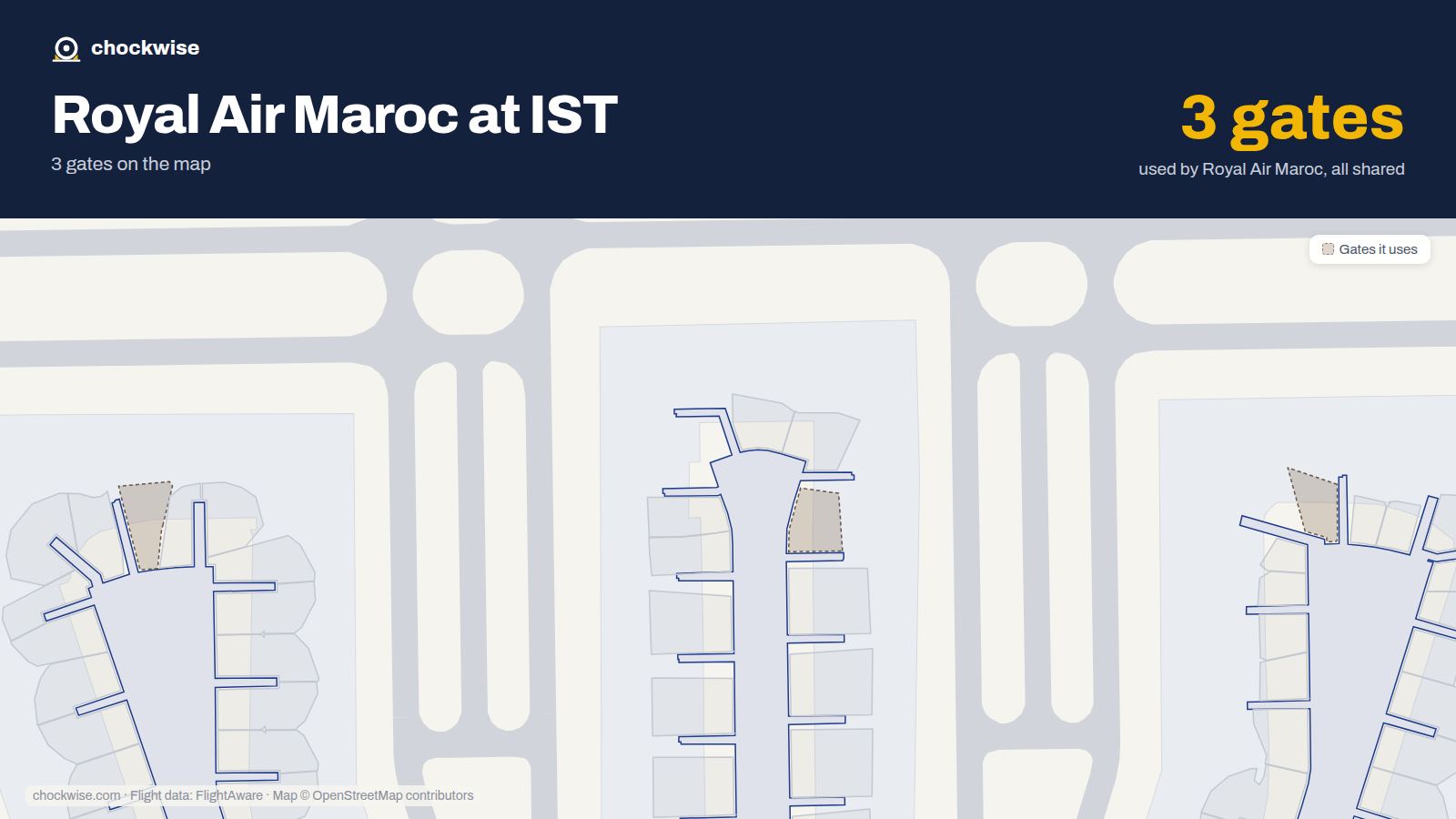 Map of IST with the gates Royal Air Maroc uses highlighted: D14, B15 and F15.